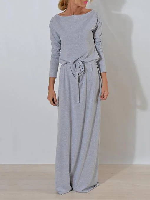 Solid Color Belted Long Sleeves Maxi Dress Comfortable Bohemian Maxi Dress