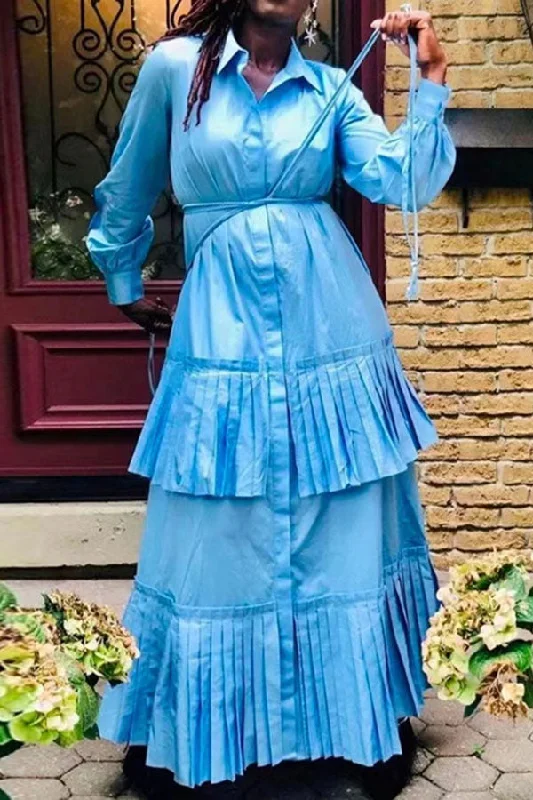 storexq Solid Color Classic Lace-Up Tiered Pleated Maxi Dress Comfortable Maxi Dress with Sleeves storexq Solid Color Classic Lace-Up Tiered Pleated Maxi Dress Comfortable Maxi Dress with Sleeves