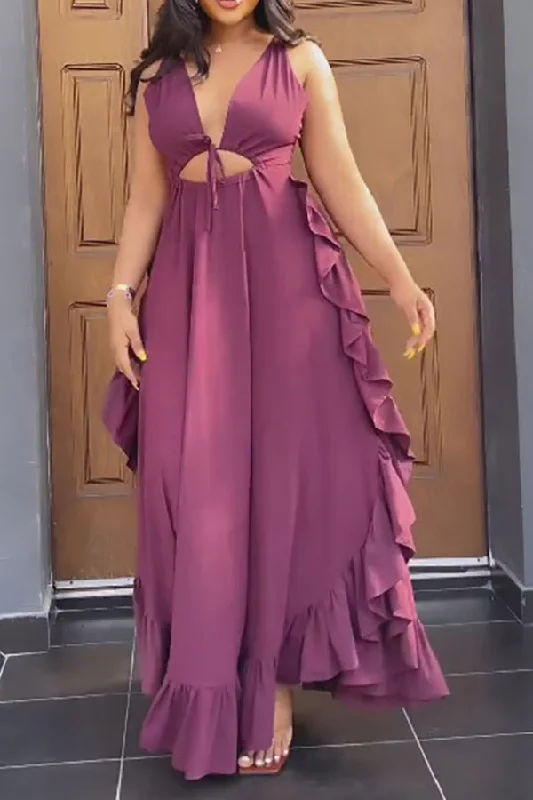 storexq Solid Color Cutout Lace-Up Rocking Ruffle Maxi Dress Classic V-Neck Maxi Dress storexq Solid Color Cutout Lace-Up Rocking Ruffle Maxi Dress Classic V-Neck Maxi Dress