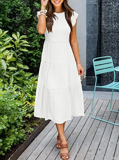 Solid Color Round Neck Cap Sleeve Loose Maxi Dress Stylish Button-Up Maxi Dress