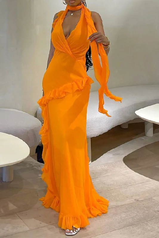 storexq Solid Color Unique Halter Collar Ruffle Maxi Dress Elegant Velvet Maxi Dress storexq Solid Color Unique Halter Collar Ruffle Maxi Dress Elegant Velvet Maxi Dress