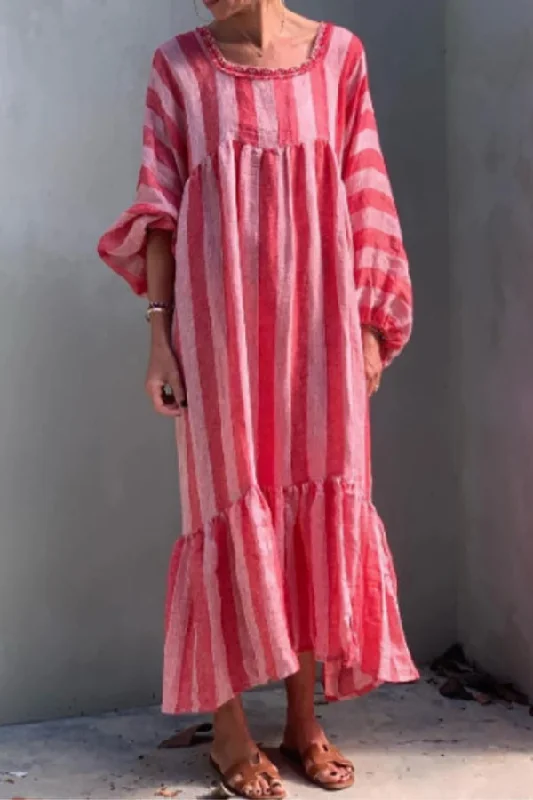 Stripe Square Neck Ruffles Maxi Dress Elegant Maxi Dress with Pockets