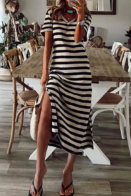 Stripe V Neck Slit Maxi Dress Fashionable Chiffon Maxi Dress