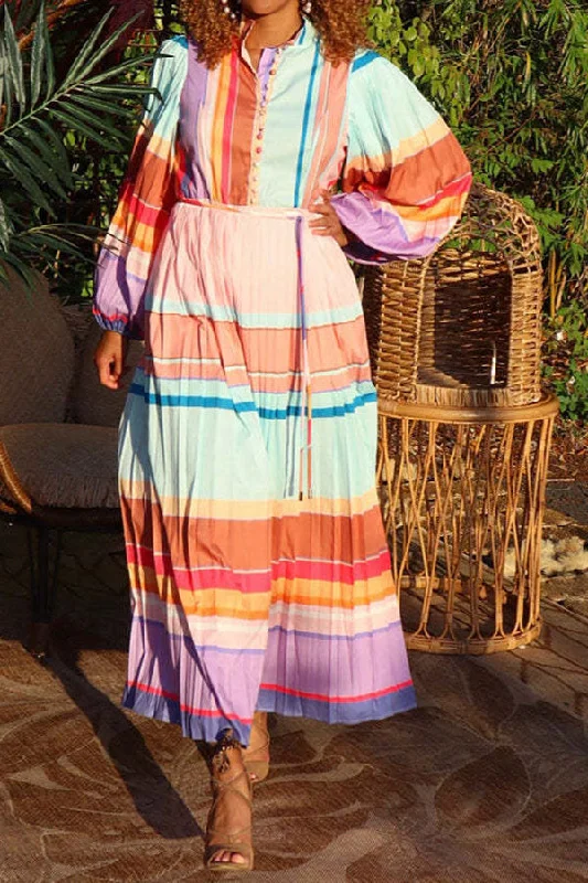 storexq Striped Beachy Single Breasted Maxi Dress Elegant Maxi Dress with Lace