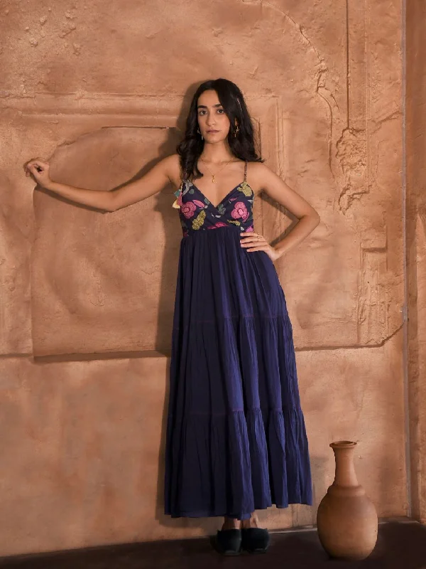 Persian Blue Chanderi & Mulmul Mix Maxi Dress Stylish V-Neck Maxi Dress