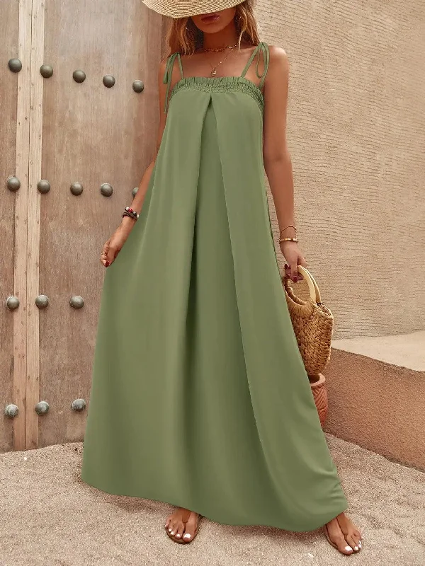 Tie-Shoulder Smocked Maxi Dress Comfortable Casual Maxi Dress