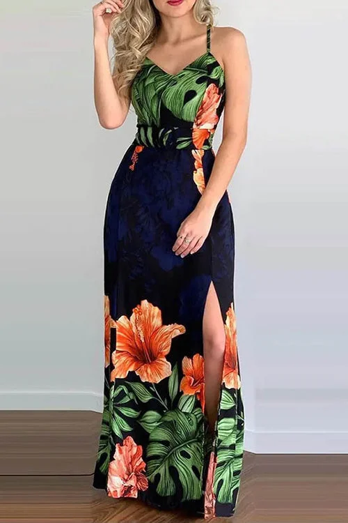 Tropical Print Slit Crisscross Backless Maxi Dress Trendy Maxi Dress with Belt