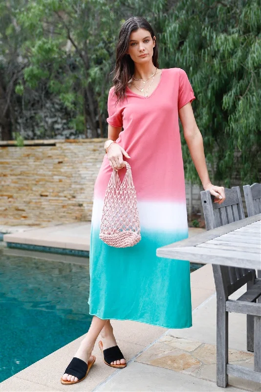 Brick Multi Color Cotton Tie-dye V-neck Maxi Dress Stylish A-Line Maxi Dress