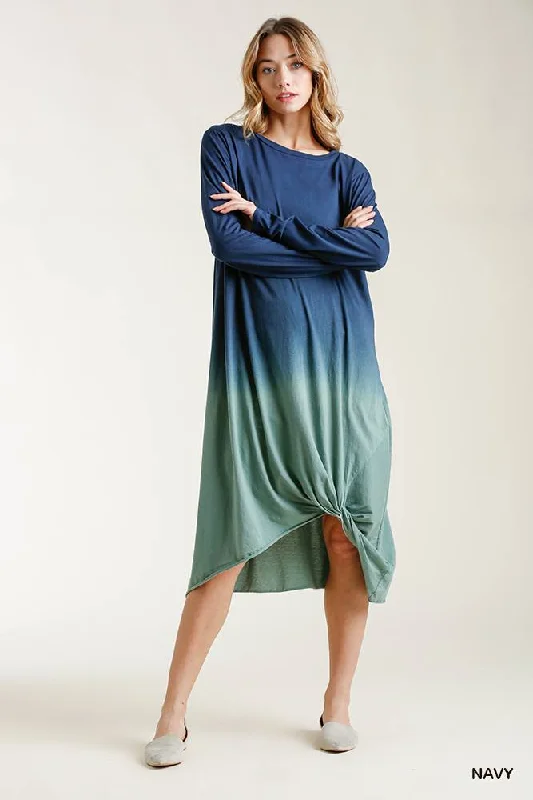 Ombre Front Knot Detail Long Sleeve Maxi Dress With Raw Hem Comfortable Ruffle Maxi Dress