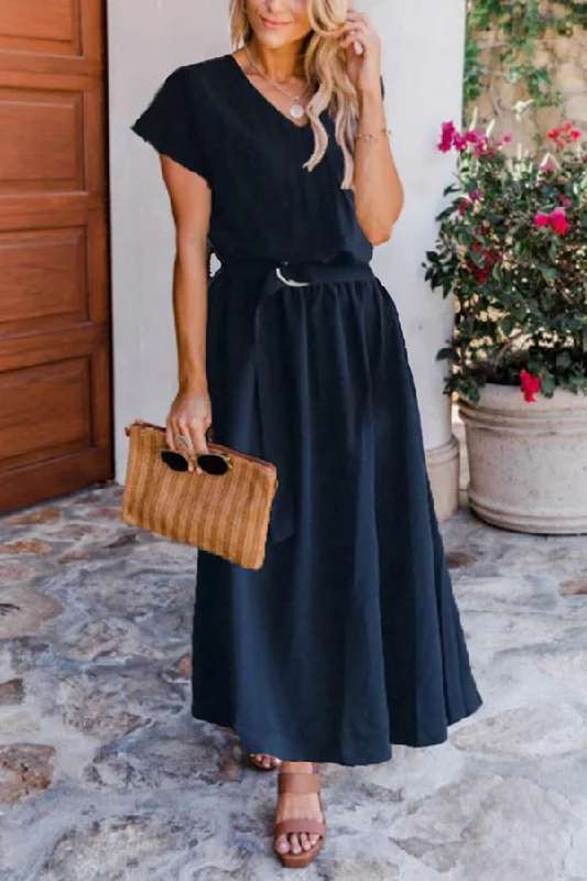V Neck Belted Maxi Dress Fashionable Chiffon Maxi Dress