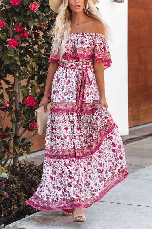 Valen Printed Off The Shoulder Maxi Dress Fashionable High-Low Maxi Dress