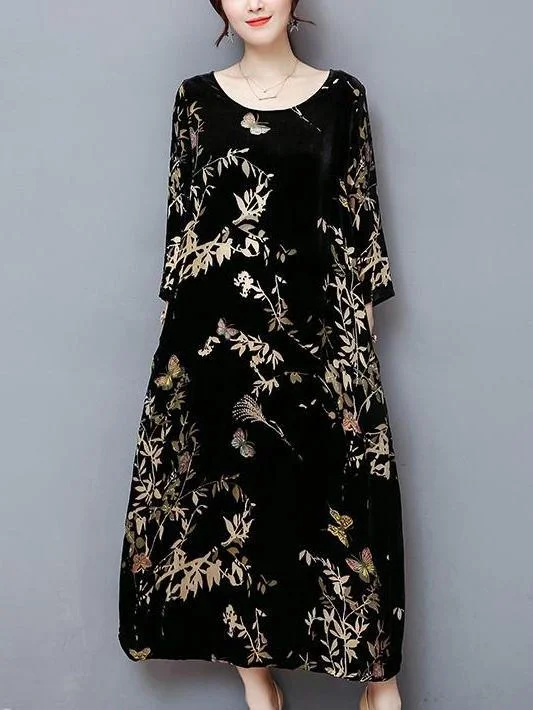 Velvet Print Round Neck Loose Maxi Dress Trendy Maxi Dress with Straps