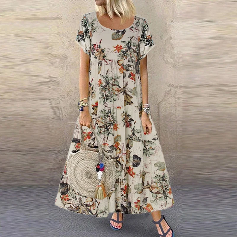 Vintage Floral Printed Long Dress Women Summer Holiday Bohemian Short Sleeve Beach Sundress Female Maxi Dress Party Vestido Robe Elegant Silk Maxi Dress