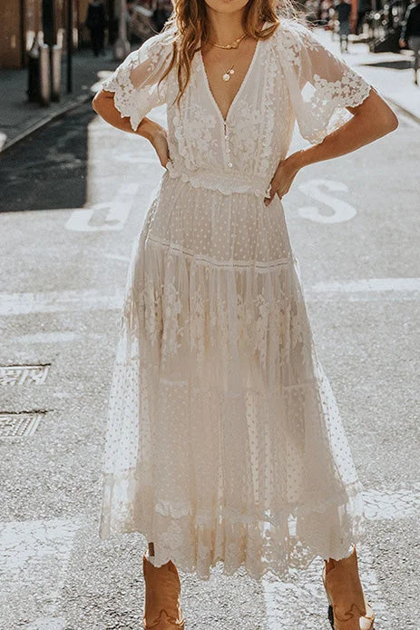 White Lace V-neck Maxi Dress Fashionable Faux Wrap Maxi Dress