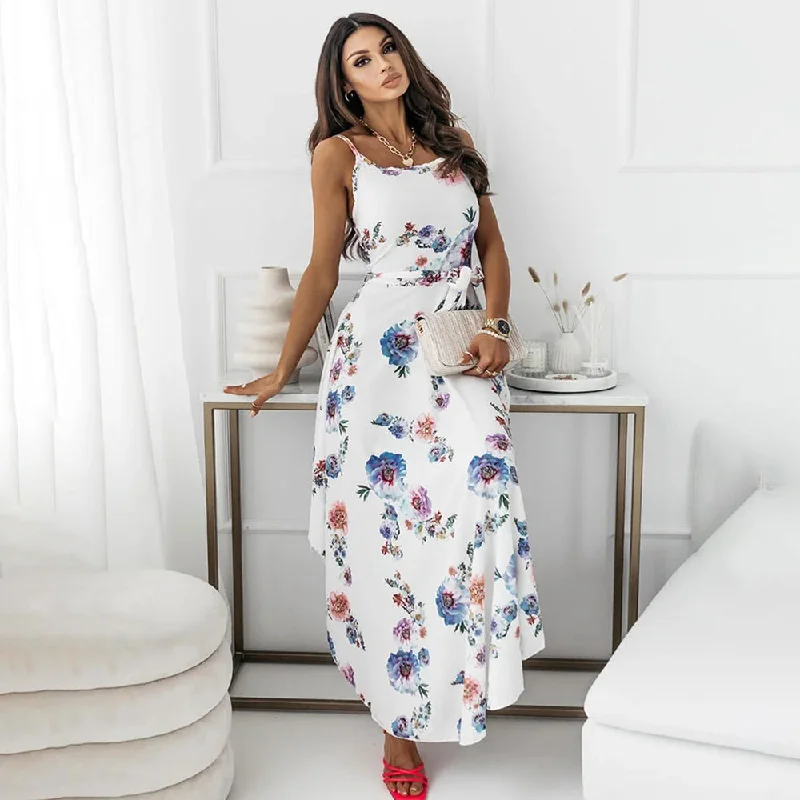 Women Dress Summer Elegant Spaghetti Strap Beach Party Dress Floral Print Belted Irregular A-line Ladies Sexy Maxi Dresses Stylish Longline Maxi Dress