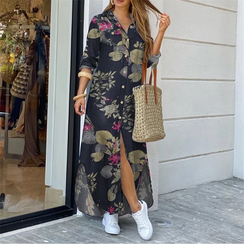Women Long Sleeve Floral Print Shirt Dress Irregular Turn Down Neck Vintage Harajuku Maxi Dress Vestidos Largos #G4 Stylish A-Line Maxi Dress
