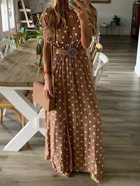 Women's Dresses Polka Dot V-Neck Short Sleeve Maxi Dress Elegant Lace-Up Maxi Dress