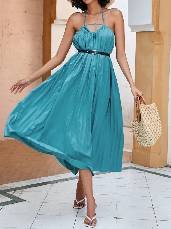 Women's Dresses Solid Hanging Neck Pleated Maxi Dress Chic Summer Maxi Dress