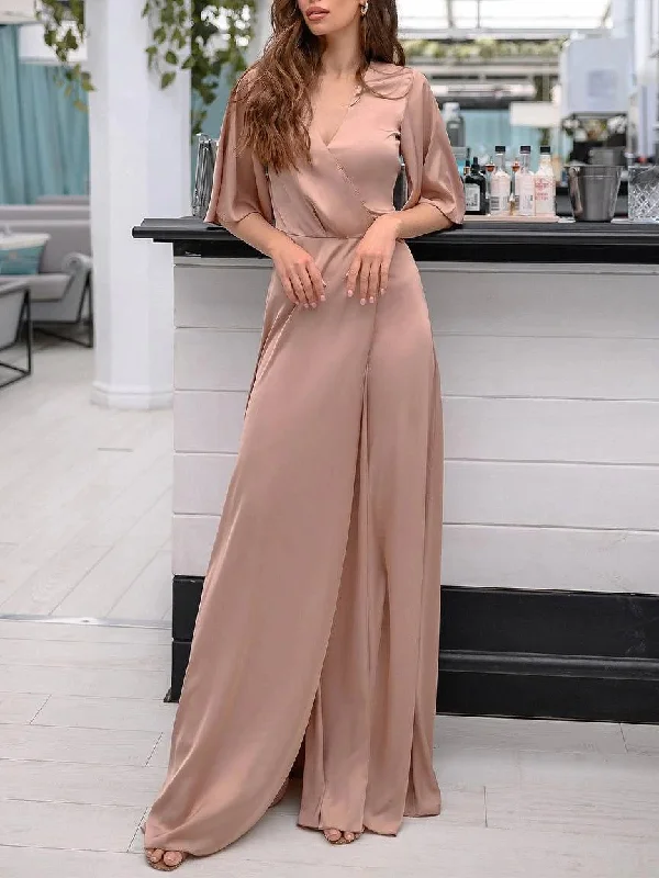 Women's Dresses V-Neck Satin Mid Sleeve Split Maxi Dresses Elegant Tiered Maxi Dress Women's Dresses V-Neck Satin Mid Sleeve Split Maxi Dresses Elegant Tiered Maxi Dress