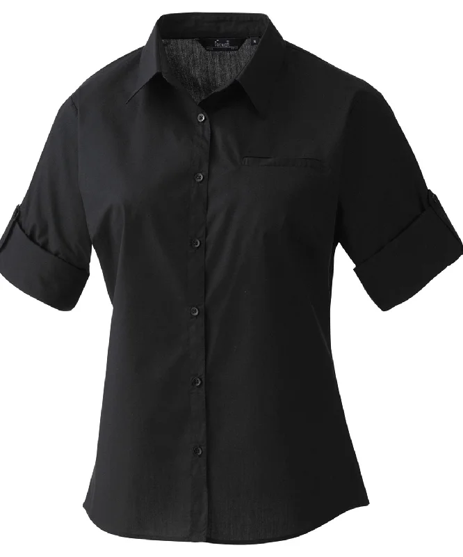 Black - Women's roll sleeve poplin blouse Casual Relaxed Blouse