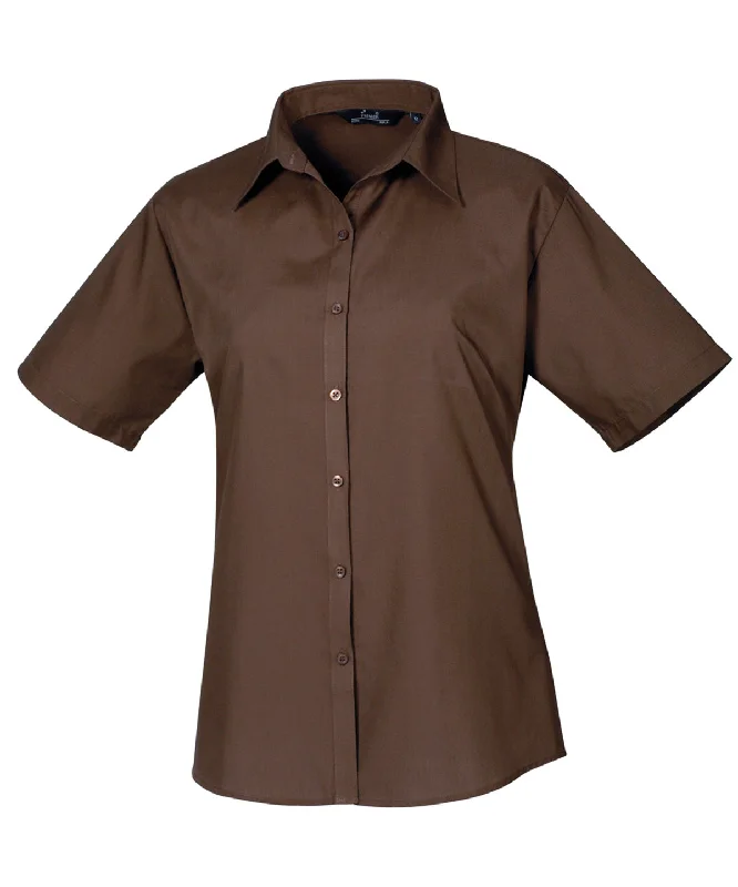 Brown - Women's short sleeve poplin blouse Collared Satin Blouse