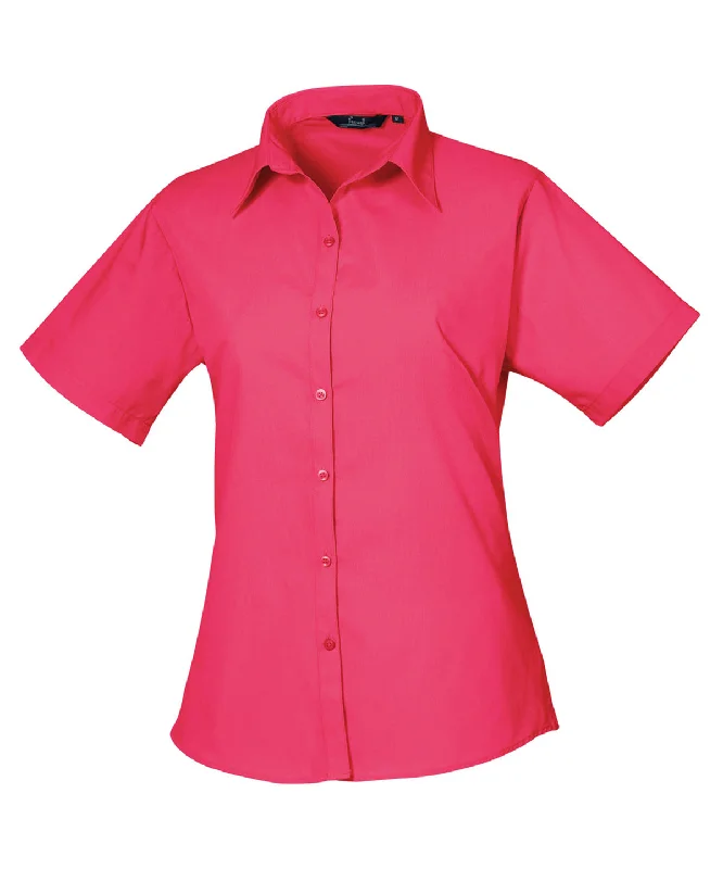 Hot Pink - Women's short sleeve poplin blouse Asymmetric Hem Blouse