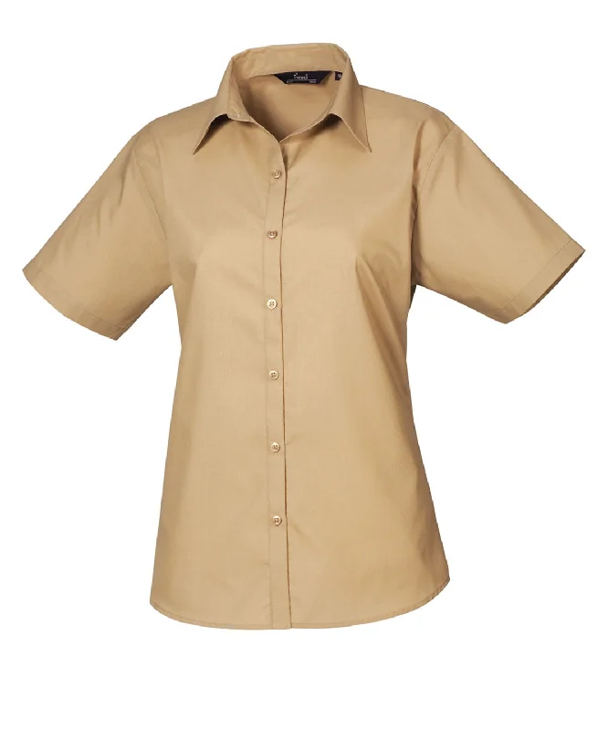 Khaki - Women's short sleeve poplin blouse Casual Relaxed Blouse