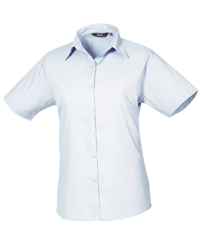 Light Blue* - Women's short sleeve poplin blouse Silky Draped Blouse
