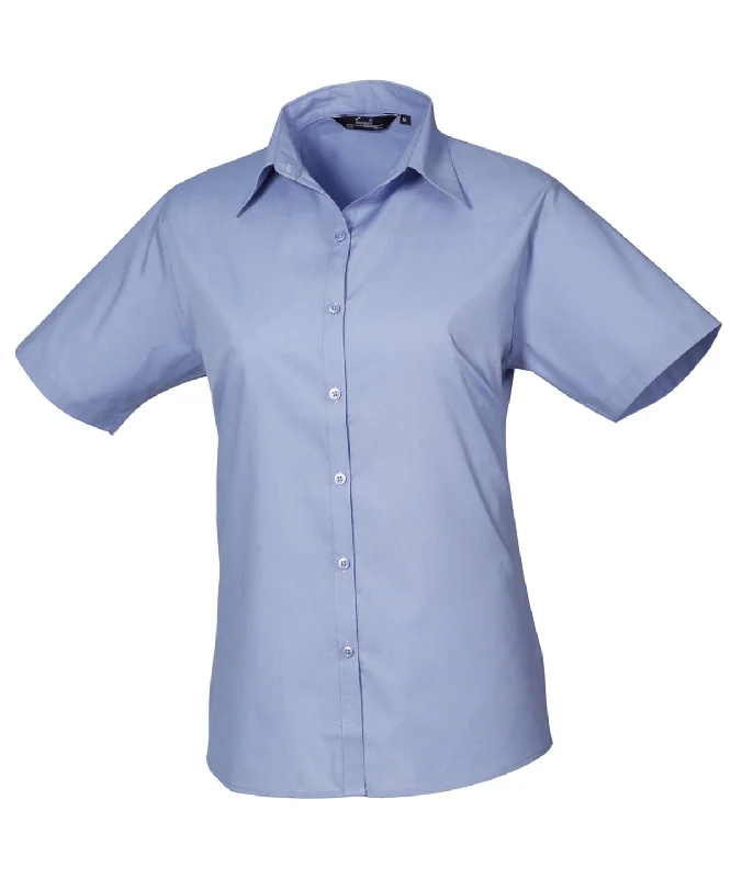 Mid Blue* - Women's short sleeve poplin blouse High Neck Blouse
