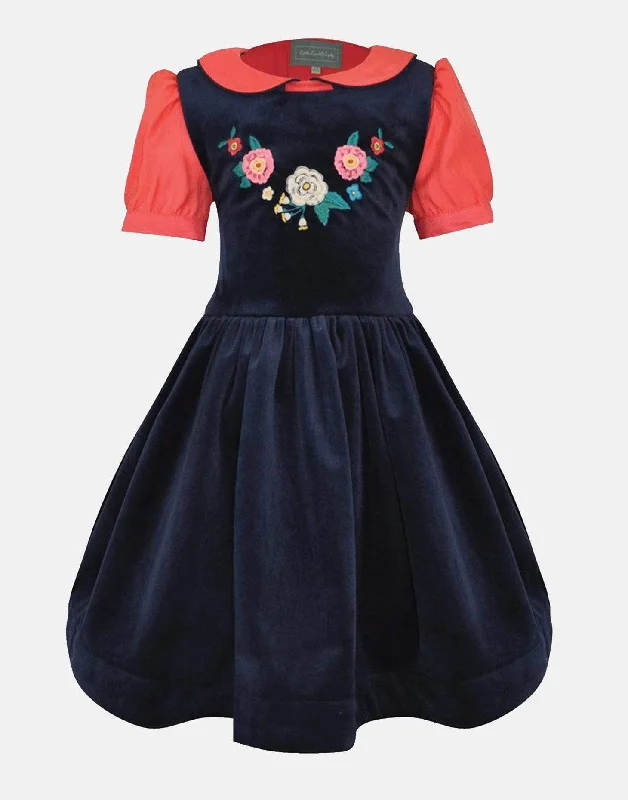 Victoria: Navy velvet  pinafore & coral blouse Feminine Tie Blouse