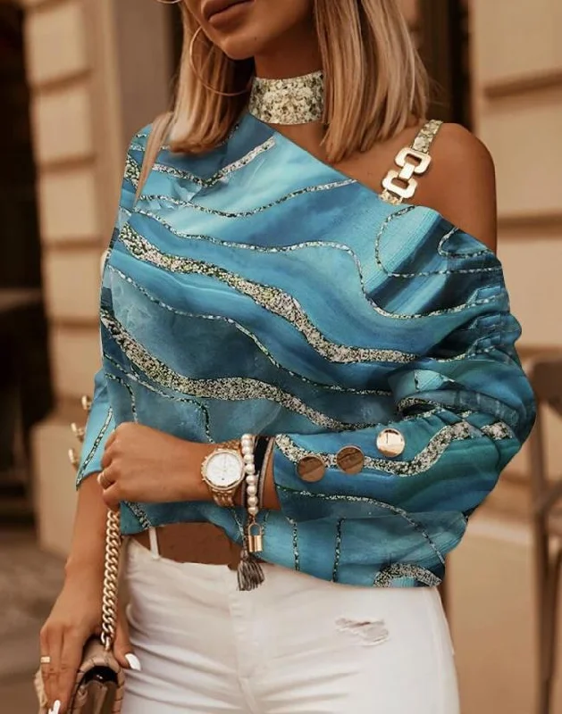 Fashion Woman Blouses Autumn-inspired Woman Blouses | Marble Print, Metal Decor | Casual & Comfortable Casual Cold Shoulder Diagonal Collar Long Sleeve Daily Tee Top Lightweight Tunic Blouse