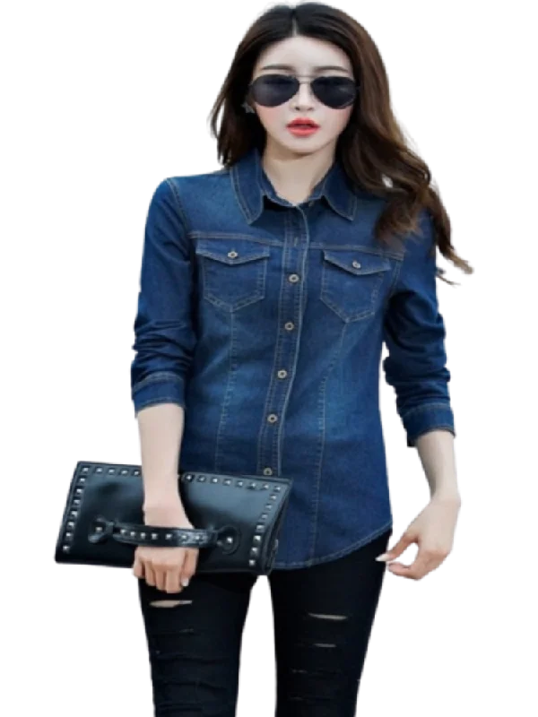 Jeans Shirt women Long Sleeve Slim Casual Vintage Elastic Ladies Denim Shirts Tops Blusas Feminina Woman Blouses and Tops 2023 Delicate Pleat Blouse