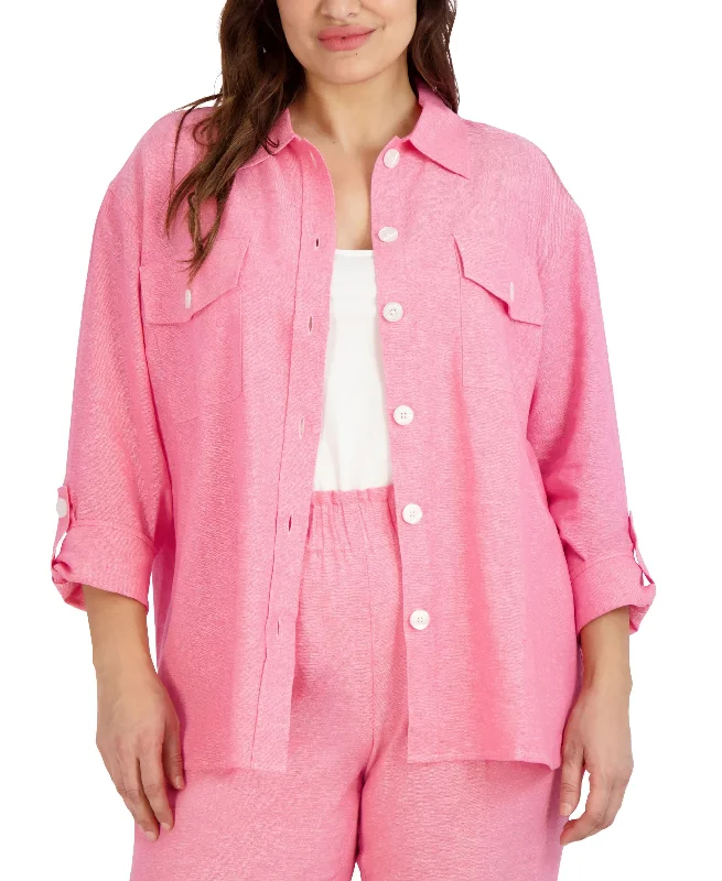 Jones New York Plus Size Oversized Button Down Linen Shacket Playful Puff Blouse
