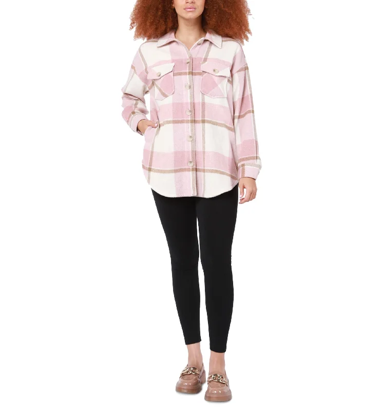 Petite Button Front Plaid Shacket Casual Stripe Blouse
