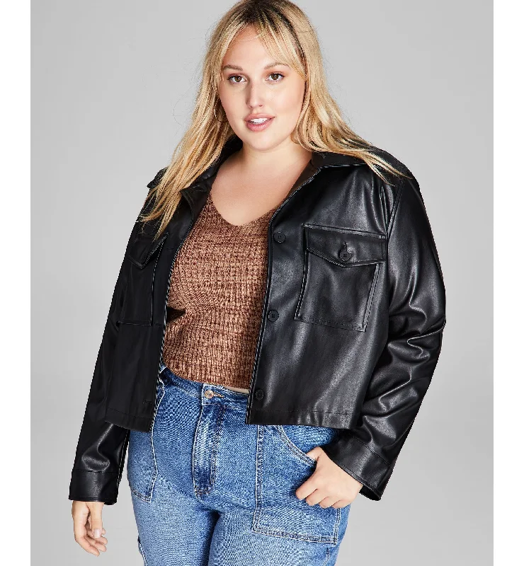 Trendy Plus Size Cropped Faux-Leather Shacket Elegant Semi-Sheer Blouse