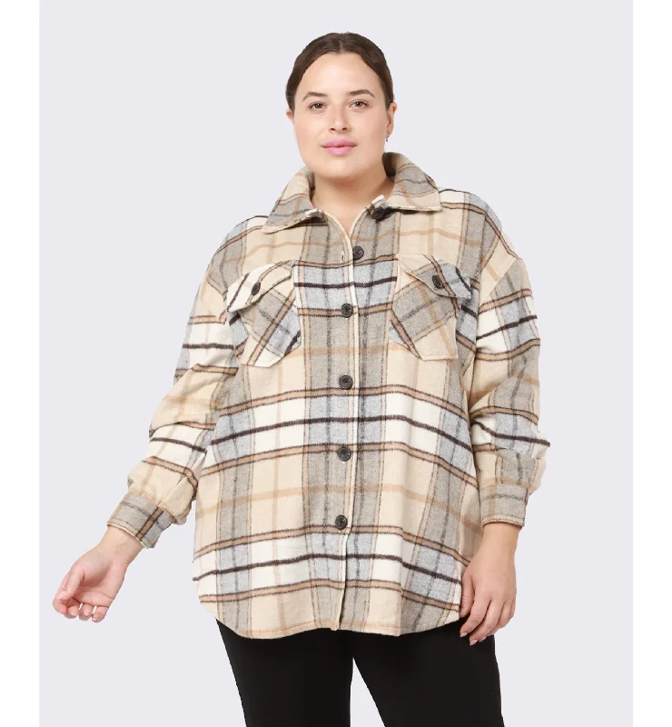 Trendy Plus Size Plaid Shacket Floral Print Blouse