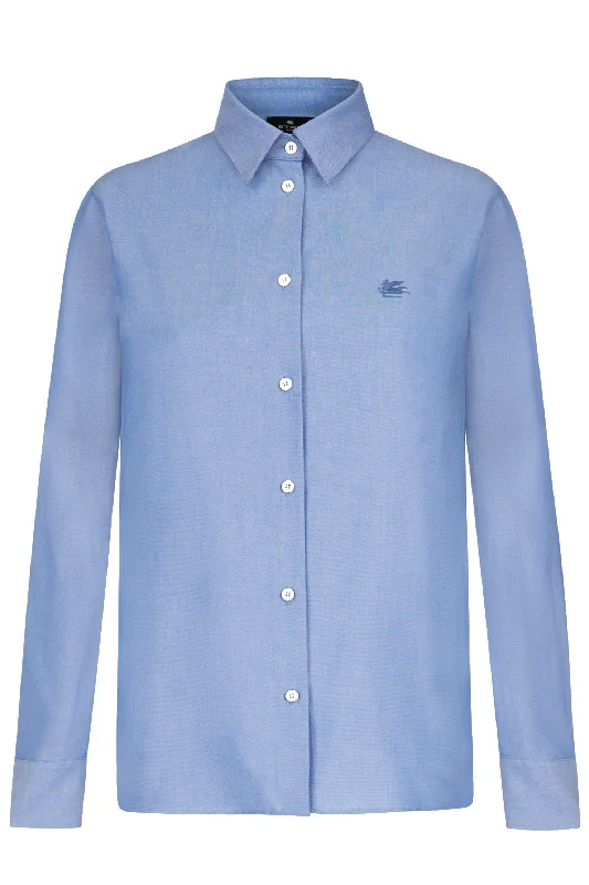 Long Sleeve Button Down Blouse - Blue Elegant Semi-Sheer Blouse