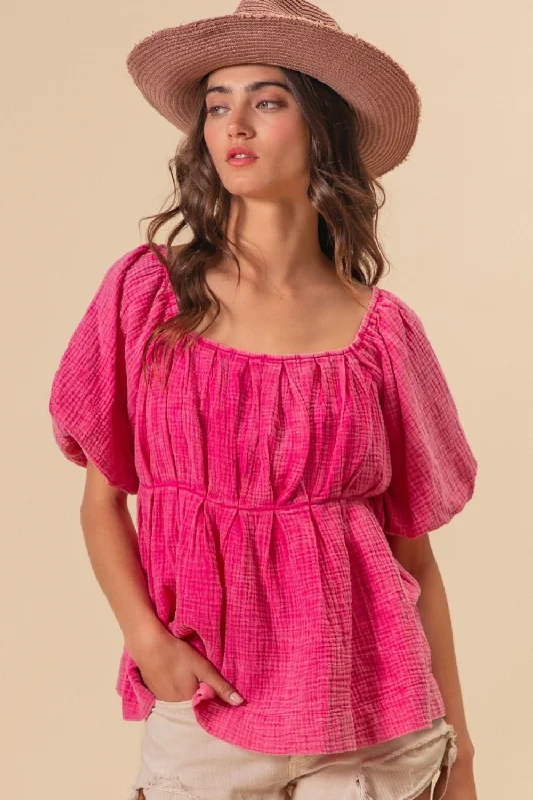 BiBi Pleated Puff Sleeve Washed Blouse Embroidered Floral Blouse