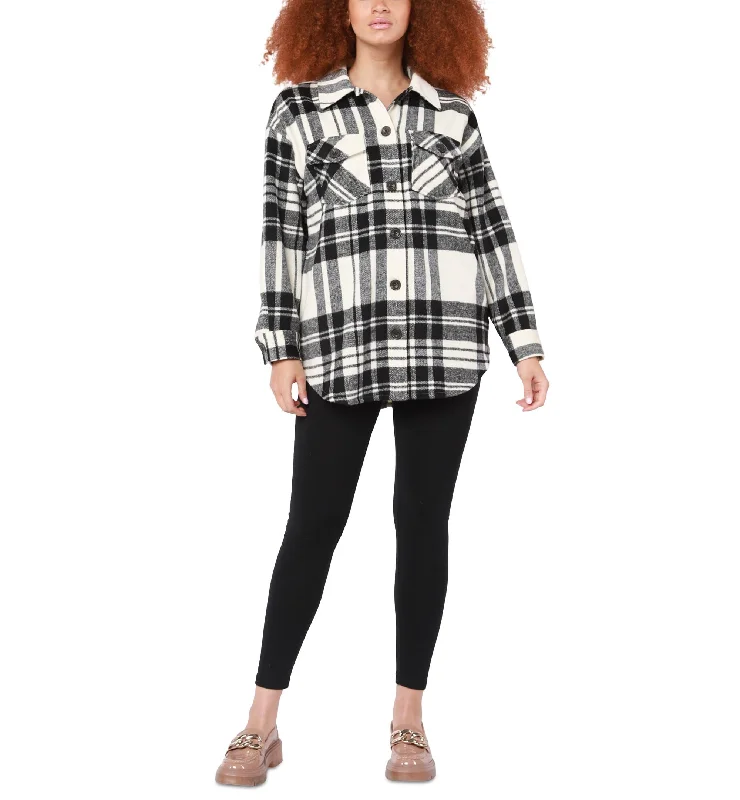 Black Tape Womens Plaid Button Front Shacket Soft Knit Blouse