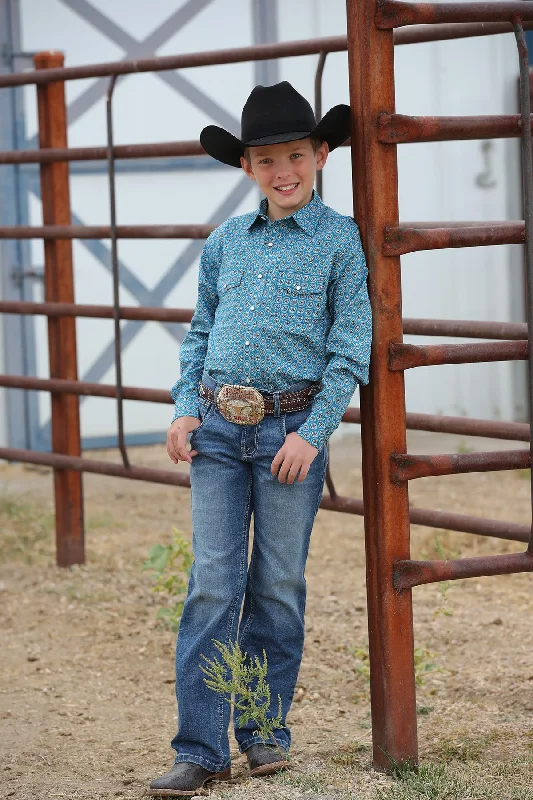 Boys Cinch Long Sleeve Blue Print Snap Shirt Loose Fit Blouse
