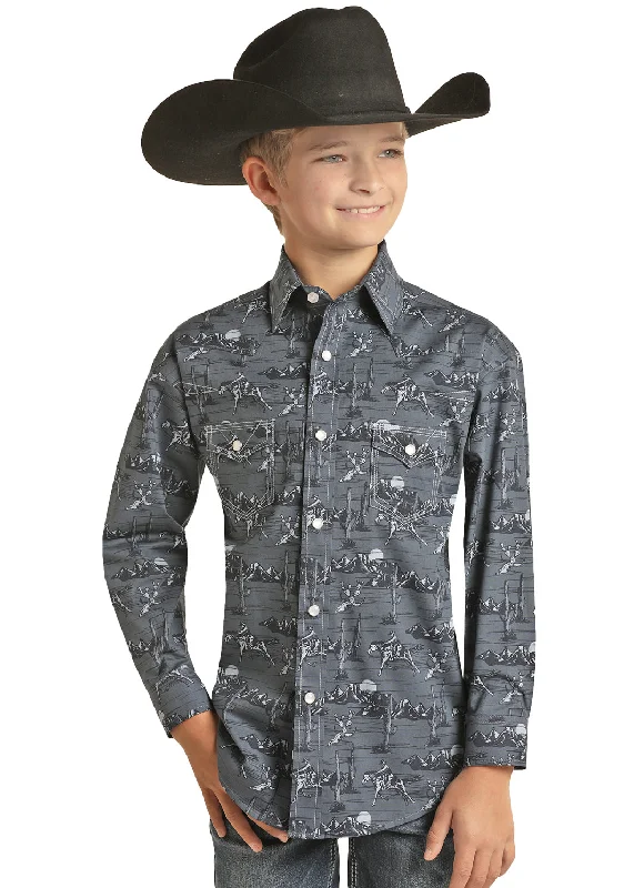 Boy's Rock and Roll Western Print Snap Shirt Pleated Collar Blouse