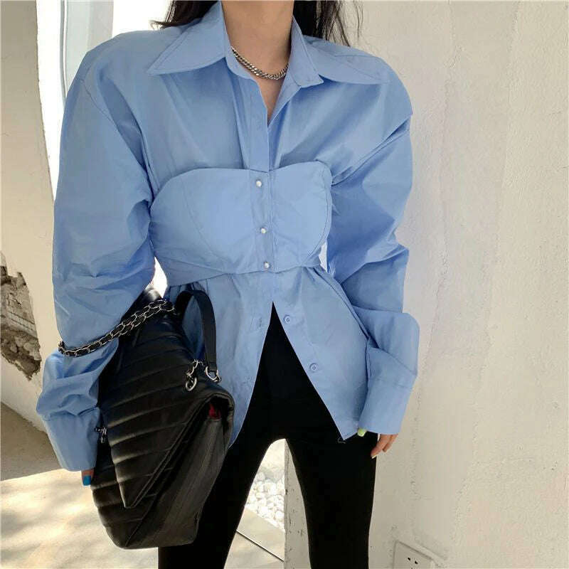 Elegant Patchwork Shirts Women Korean Fake Two Pieces White Blouses Streetwear Office Outfits Fashion Long Sleeve Chic Tops New Classic Striped Blouse