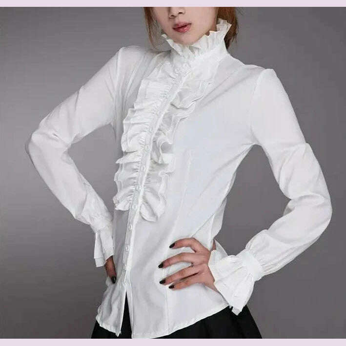 Fashion Victorian Blouses Women OL Office Ladies White Shirt High Neck Frill Ruffle Cuffs Shirts Female Blouse Backless Summer Blouse