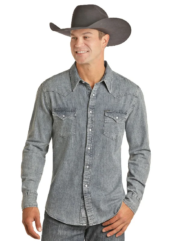 Men's Rock and Roll Solid Denim Snap Shirt Casual Stripe Blouse