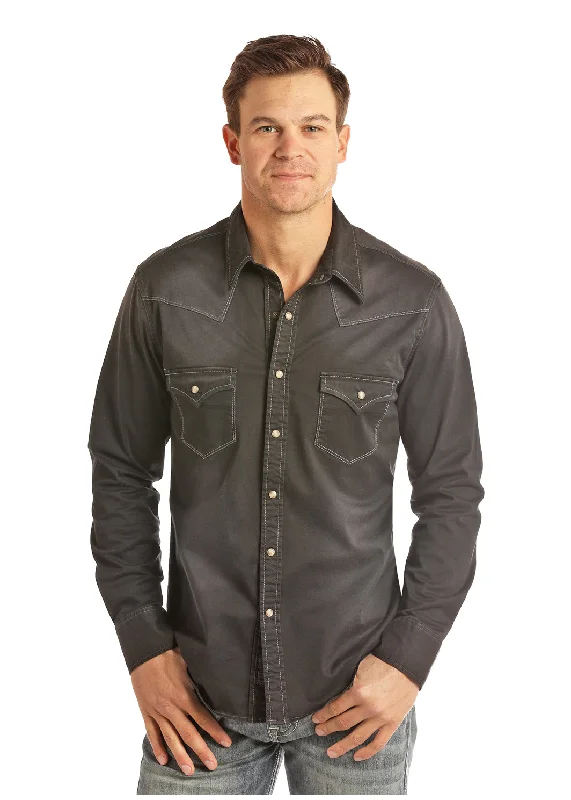 Men's Rock and Roll Black Solid Twill Snap Shirt Business Casual Blouse
