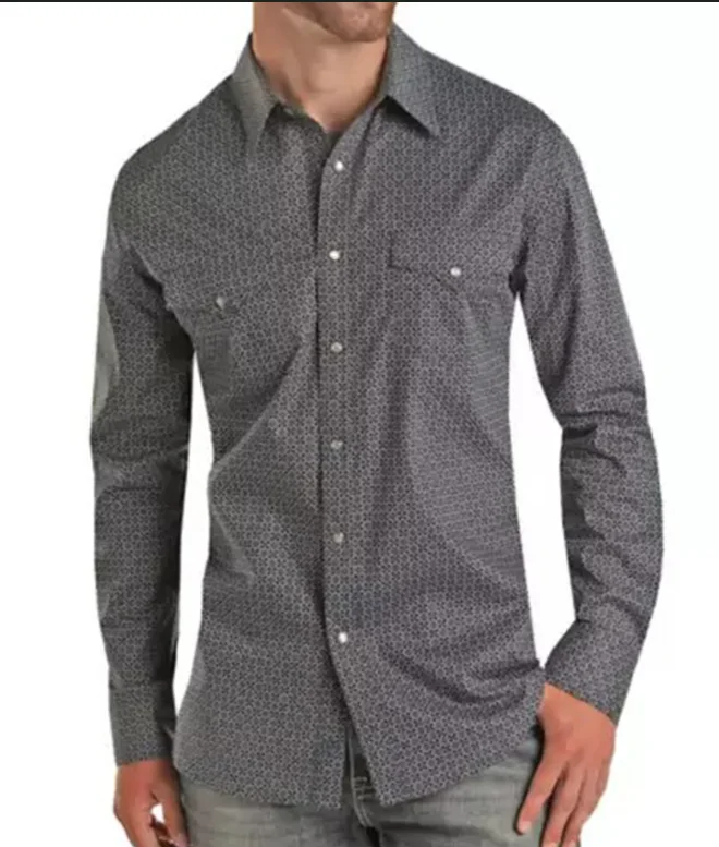 Men's Rock and Roll Long Sleeve Blue Geo Snap Shirt Ruffled Neck Blouse