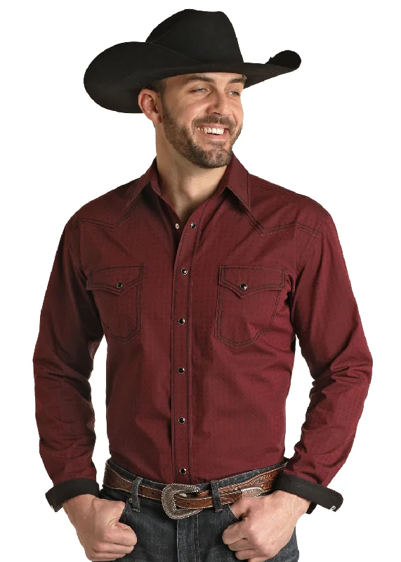 Men's Rough Stock Long Sleeve Burgundy Dobby Shirt Boho Printed Blouse