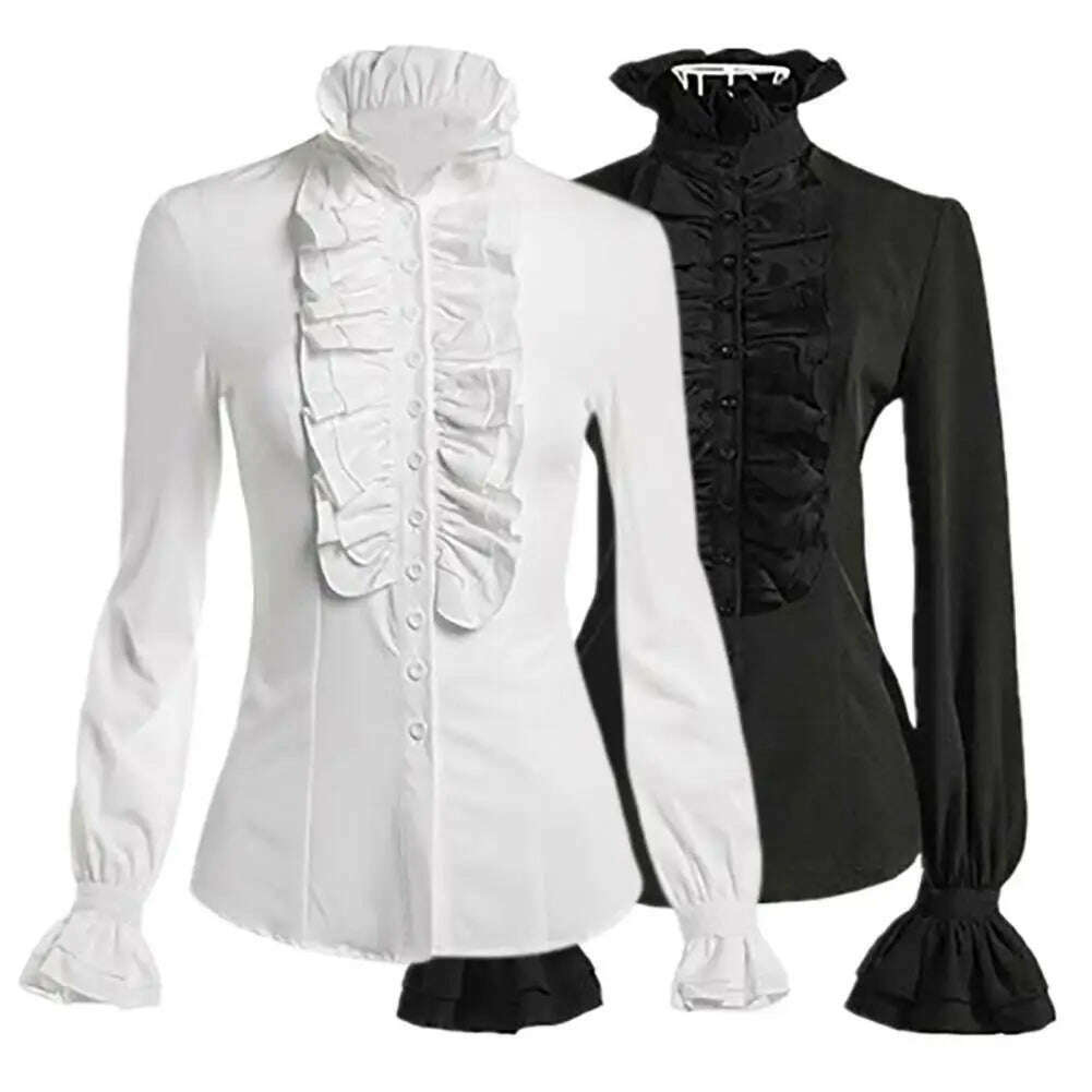 New Vintage Victorian Ruched Lace Shirts And Blouses Gothic Lolita Long Sleeve Ruffles Solid Black White Tops Shirt For Women Feminine Puff Blouse