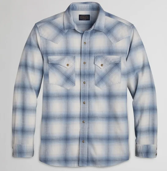 Pendleton Men's Wyatt Ivory Denim Ombre Plaid Shirt Modern Work Blouse