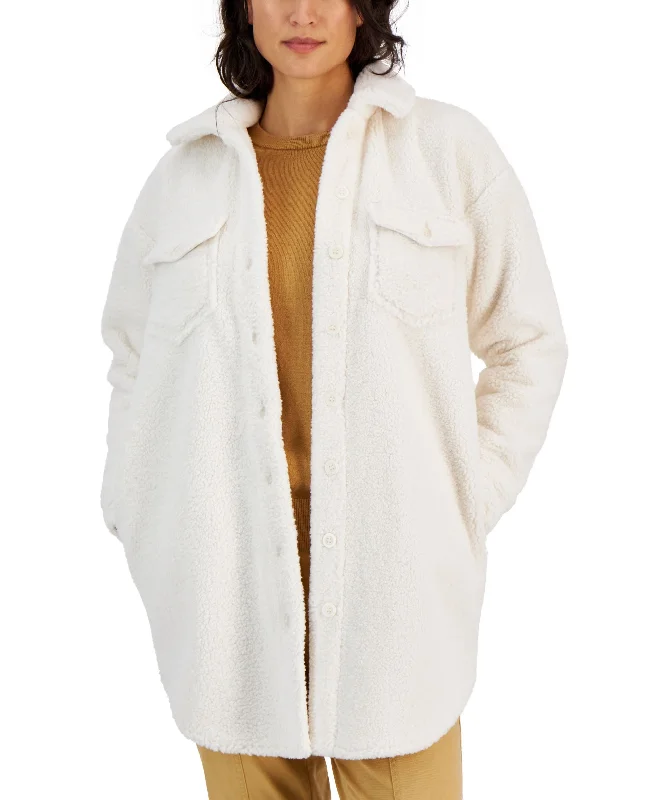 Style & Co Womens Faux Sherpa Shacket Semi-Sheer Blouse